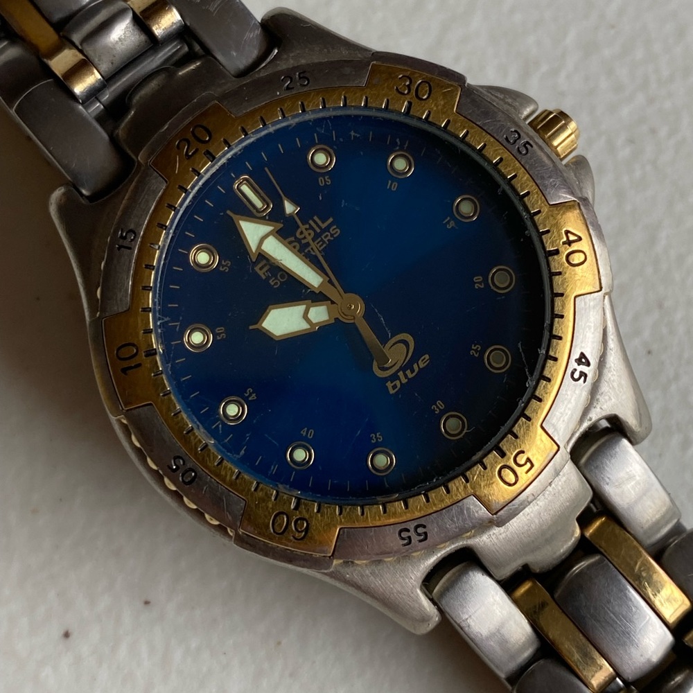 Vintage Fossil Watch Two Tone Blue Dial Round Silver Gold Bracelet am 3250